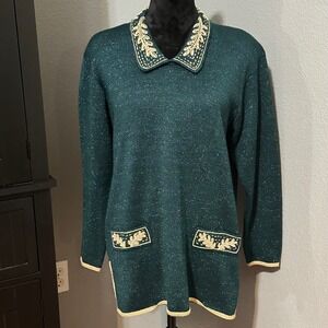 VTG Jaclyn Smith Beaded Collar Sweater Top Medium‎ Green Gold Embellished Retro